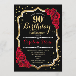 90th Birthday - Gold Black Red Roses Invitation