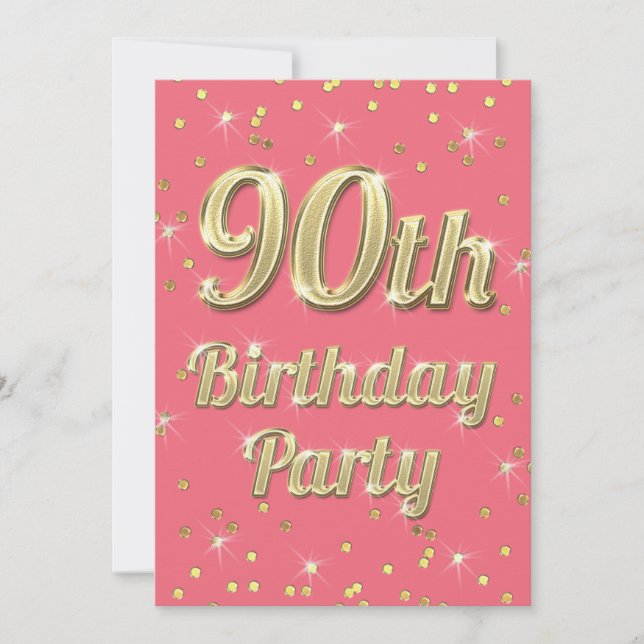 90th Birthday Gold Bling Typography Confetti Pink Invitation (Front)