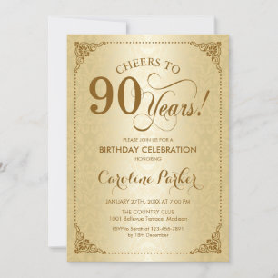 90th Birthday - Gold Damask Invitation