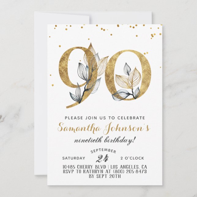90th Birthday Gold Floral Invitation (Front)