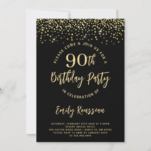 90th Birthday Gold Glitter Confetti Black Invitation (Front)
