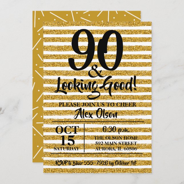 90th Birthday Gold Glitter Party Invitations (Front/Back)