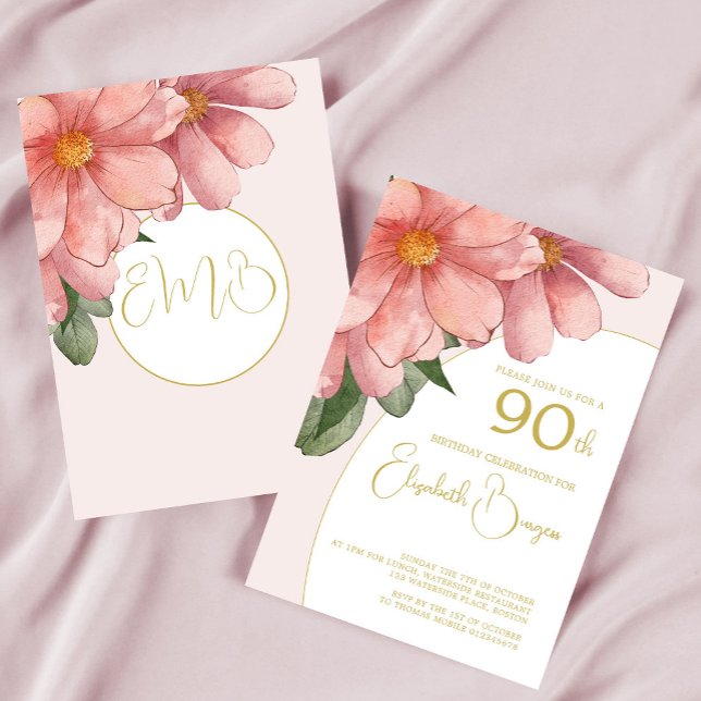 90TH Birthday Gold Pink Elegant Floral Birthday Invitation (Creator Uploaded)