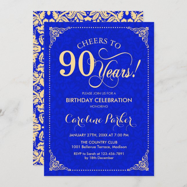 90th Birthday - Gold Royal Blue Damask Invitation (Front/Back)