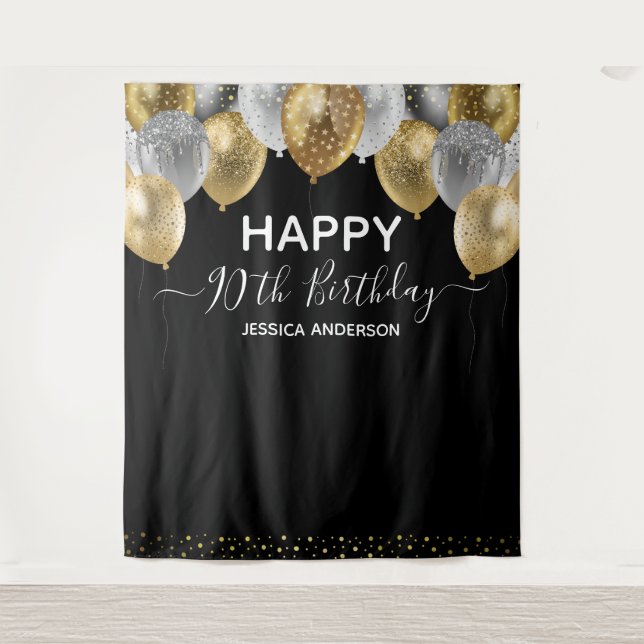 90th Birthday Gold Silver Black Balloons Tapestry (Front)