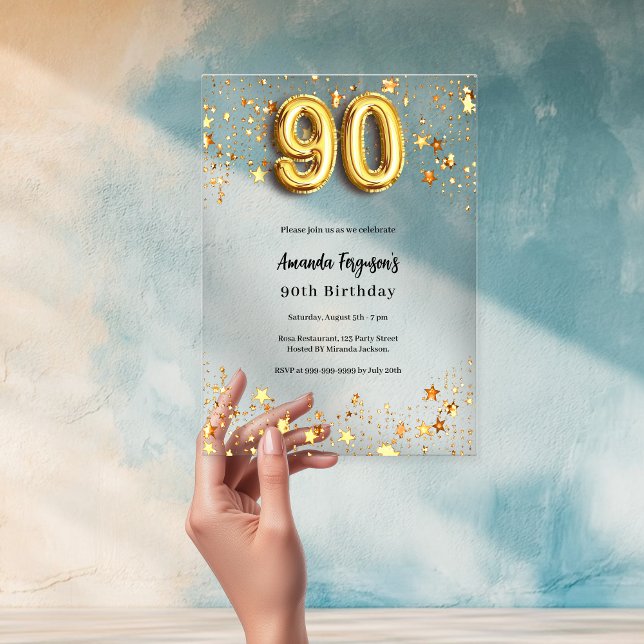 90th birthday gold stars clear acrylic invitations (Creator Uploaded)