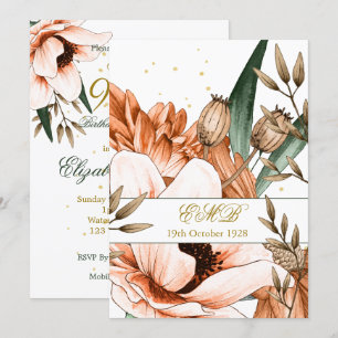 90th Birthday Gold Terracotta Orang Floral Elegant Invitation