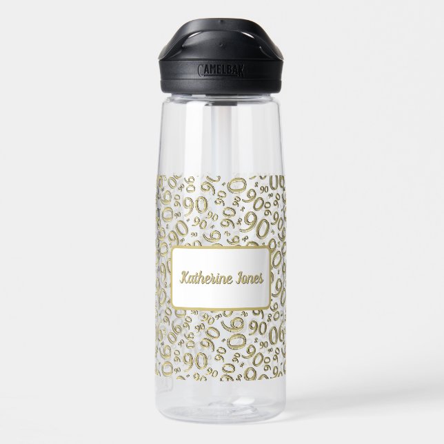 90th Birthday Gold & White Random Number Pattern Water Bottle (Back)