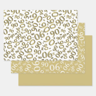 90th Birthday Gold & White Random Number Pattern Wrapping Paper Sheet