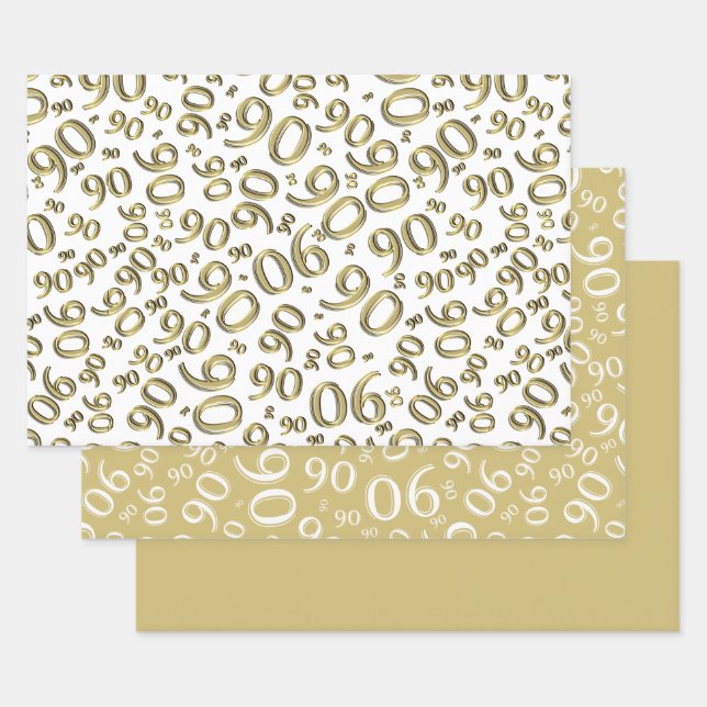 90th Birthday Gold & White Random Number Pattern Wrapping Paper Sheet (Set)
