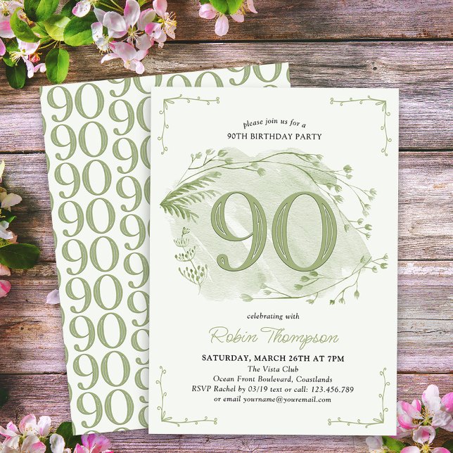 90th Birthday Green Dainty Wildflower Number 90 Invitation (90th Birthday Invitation - buy professionally printed or as digital download for printing or sharing)