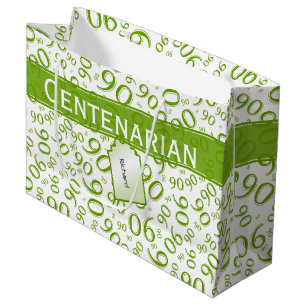 90th Birthday Green/White Random Number Pattern Large Gift Bag