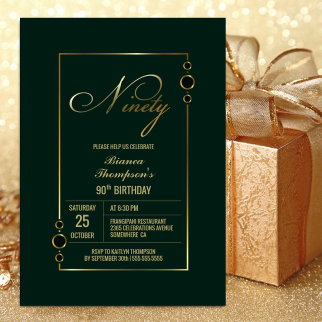 90th Birthday Green with Gold Frame Party Invitation (Creator Uploaded)