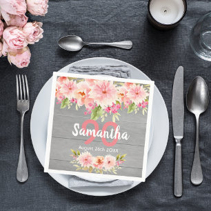 90th birthday grey wood blush pink floral rustic napkin