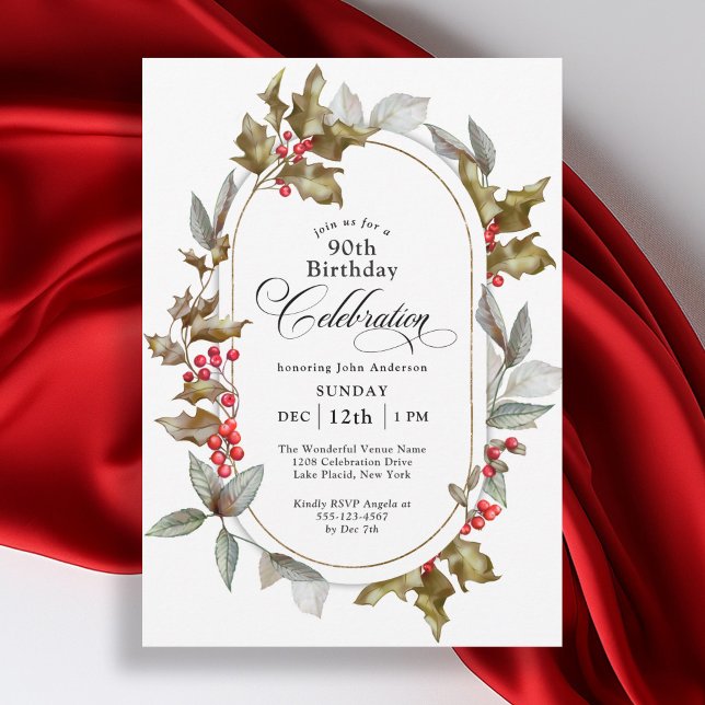 90th Birthday Holly Berry Winter Birthday Invitation (Available in both printed and instant download digital formats.)