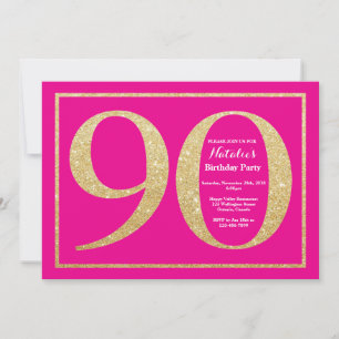 90th Birthday Hot Pink and Gold Glitter Invitation