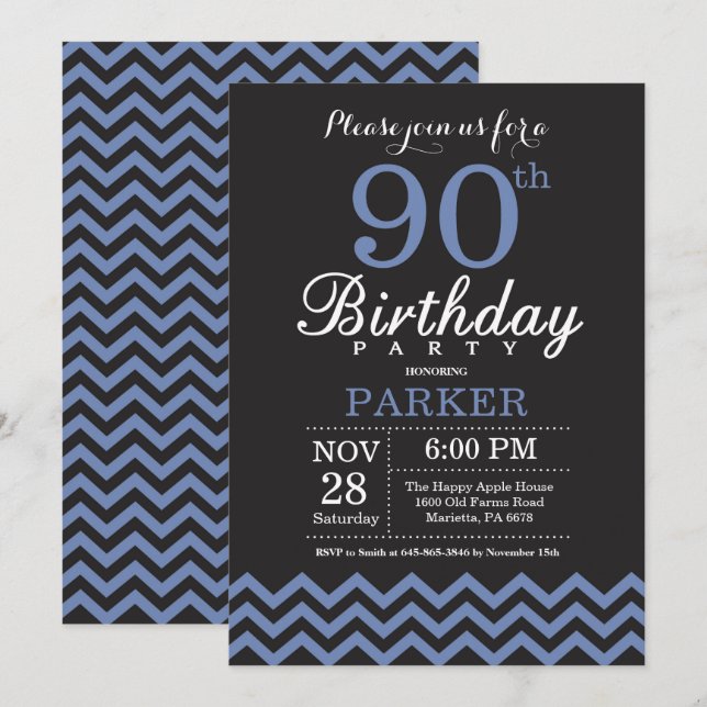 90th Birthday Invitation Black and Blue (Front/Back)