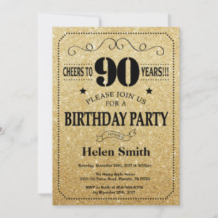 90th Birthday Invitation Black and Gold Glitter