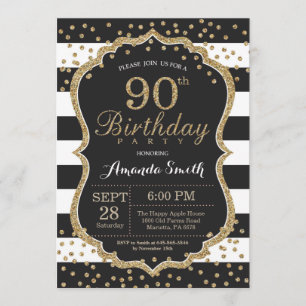 90th Birthday Invitation. Black and Gold Glitter Invitation