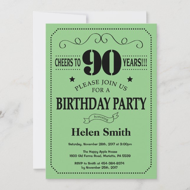 90th Birthday Invitation Black and Green (Front)