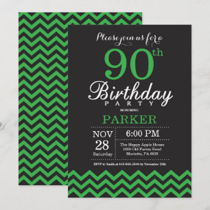 90th Birthday Invitation Black and Green Chevron