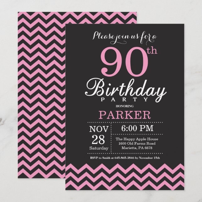 90th Birthday Invitation Black and Pink Chevron (Front/Back)