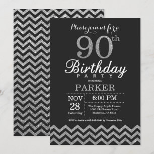 90th Birthday Invitation Black and Silver Glitter