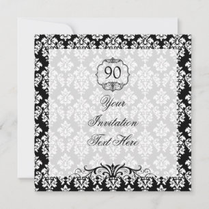 90th Birthday Invitation Black and White Damask