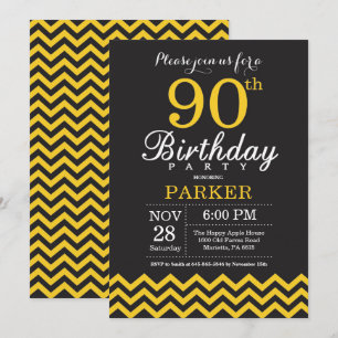 90th Birthday Invitation Black and Yellow Chevron