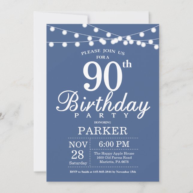 90th Birthday Invitation Blue (Front)
