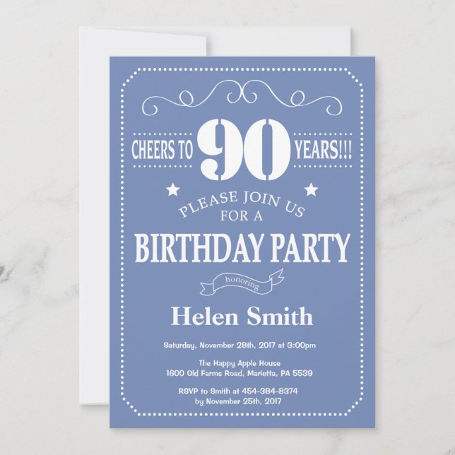 90th Birthday Invitation Blue and White (Front)
