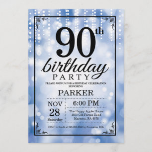 90th Birthday Invitation Blue Glitter