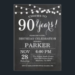90th Birthday Invitation Chalkboard<br><div class="desc">90th Birthday Invitation Chalkboard Background with String Lights. Black and White. 13th 15th 16th 18th 20th 21st 30th 40th 50th 60th 70th 80th 90th 100th, Any age. Adult Birthday. Woman or Man Male Birthday Party. For further customisation, please click the "Customise it" button and use our design tool to modify...</div>
