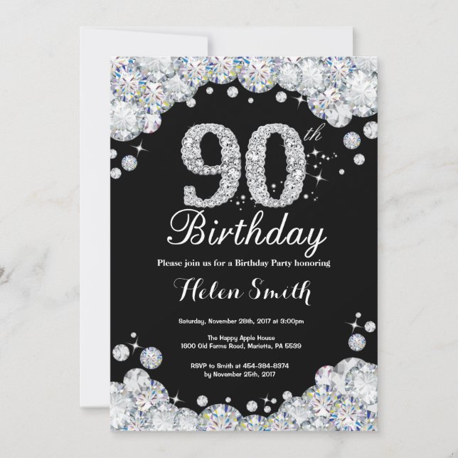 90th Birthday Invitation Chalkboard Silver Diamond (Front)