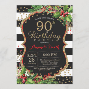 90th Birthday Invitation. Christmas Red Black Gold Invitation