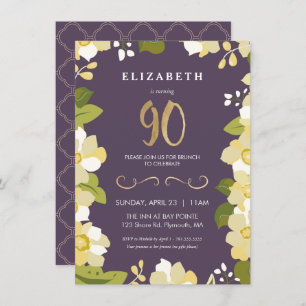 90th Birthday Invitation, Customise Floral w/ Gold Invitation