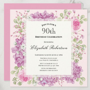 90th Birthday Invitation Elegant Pink Flowers