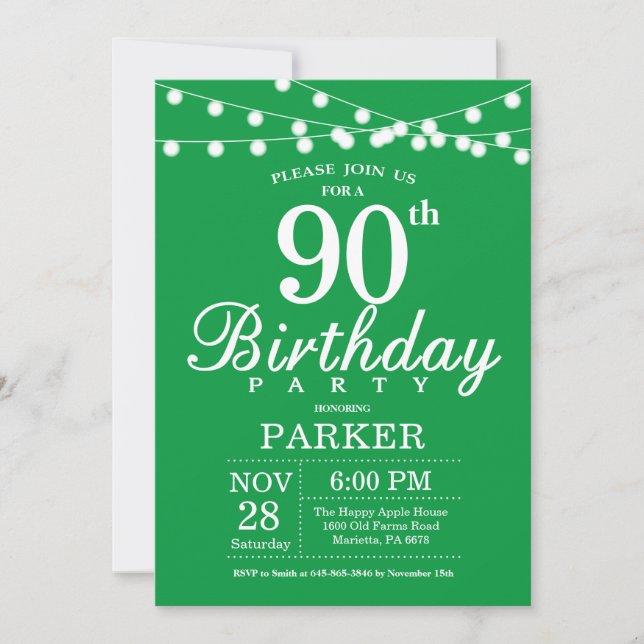 90th Birthday Invitation Green (Front)