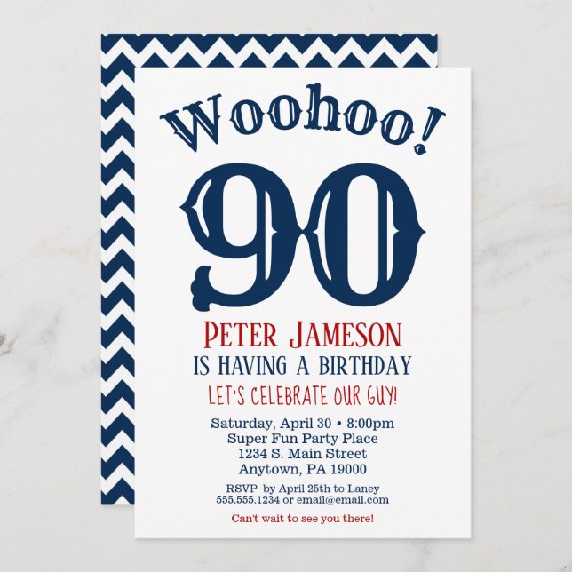 90th Birthday Invitation Mens Navy Blue (Front/Back)