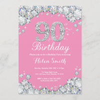 90th Birthday Invitation Pink and Silver Diamond