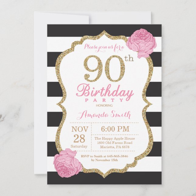 90th Birthday Invitation Pink Black Gold Floral (Front)