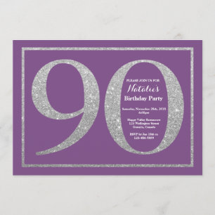 90th Birthday Invitation Purple and Silver Glitter
