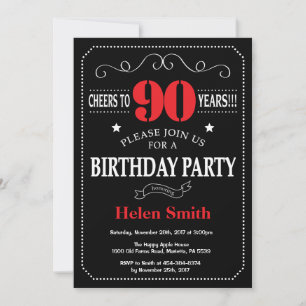 90th Birthday Invitation Red and Black Chalkboard