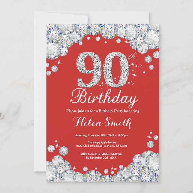 90th Birthday Invitation Red and Silver Diamond (Front)