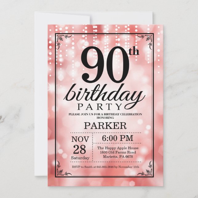 90th Birthday Invitation Red Glitter (Front)
