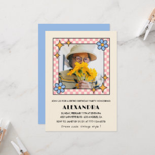 90th birthday invitation Retro Groovy Blue Floral