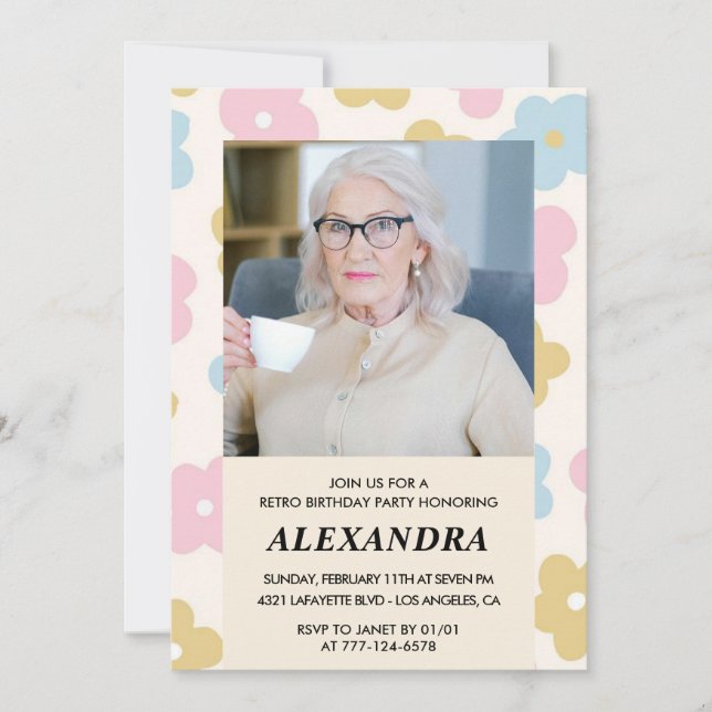 90th birthday invitation Retro Groovy Floral Cute (Front)