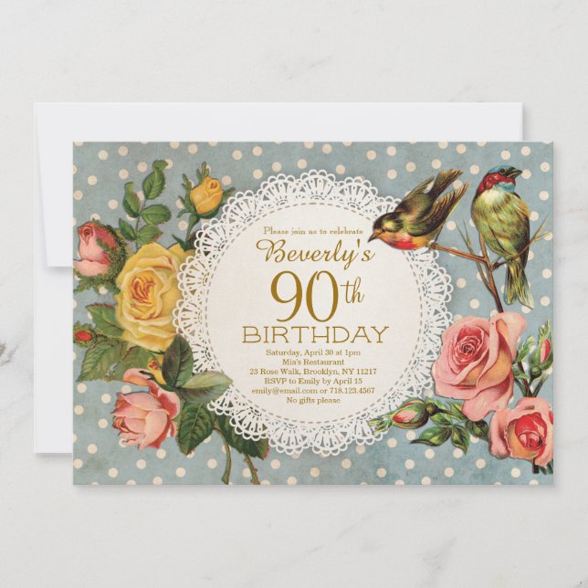 90th Birthday Invitation Rustic Floral Birds Blue (Front)