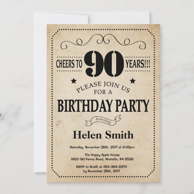 90th Birthday Invitation Rustic Vintage Retro (Front)