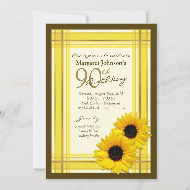 90th Birthday Invitation | Sunflower Plaid Country (Front)